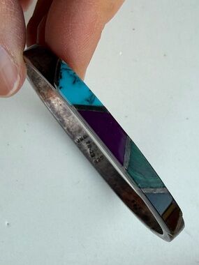 Vtg sterling silver hinged bangle bracelet geometric inlay of turquoise, onyx
